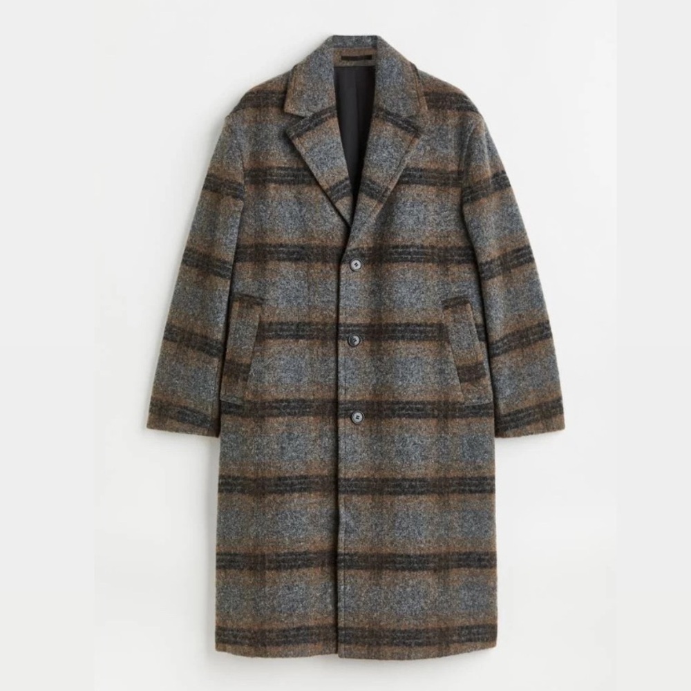 men h&m brown grey stripe wool blend overcoat trench coat jacket